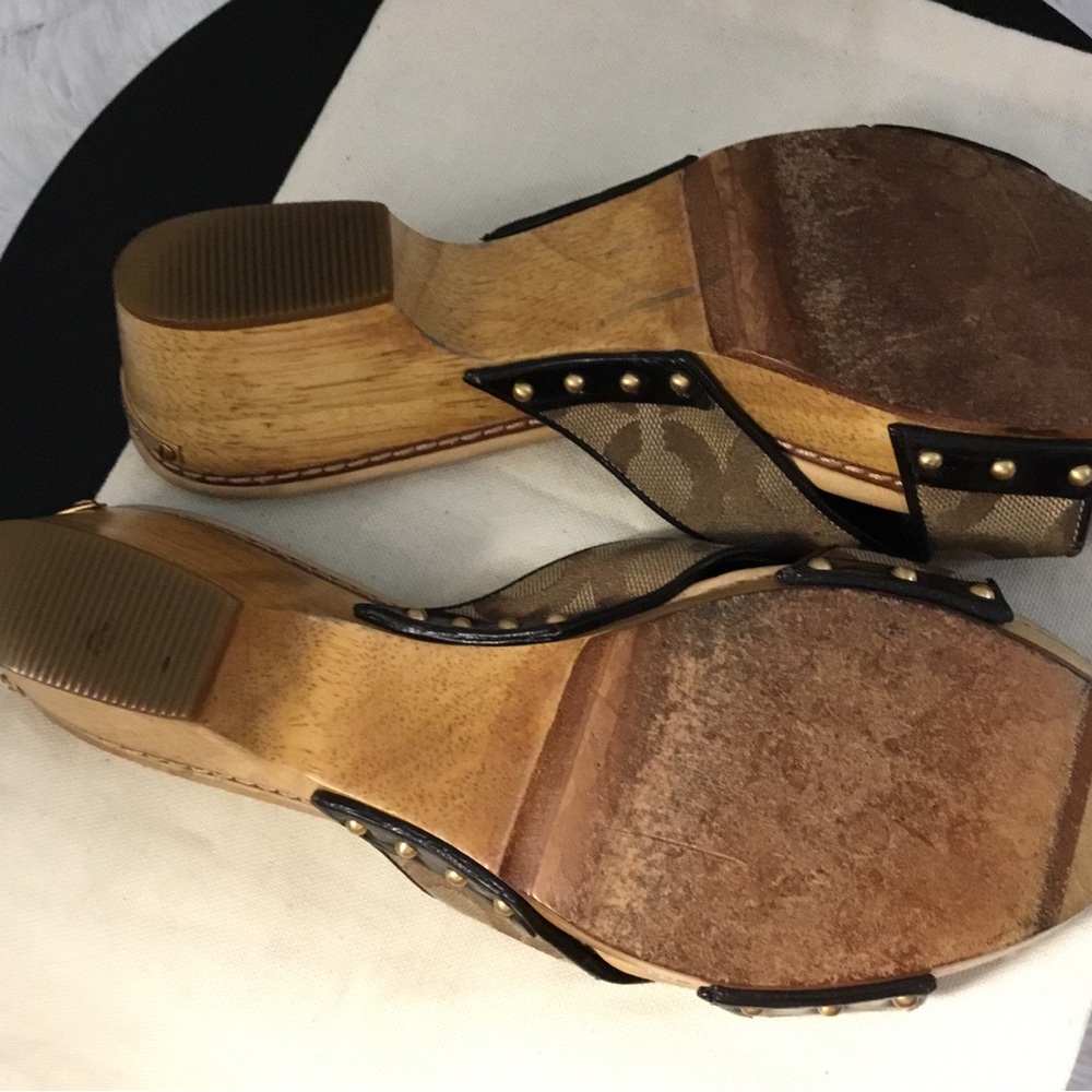 Coach Brown Signature Canvas Slide Sandals with Black Trim and Gold Buttons - Picture 4 of 8